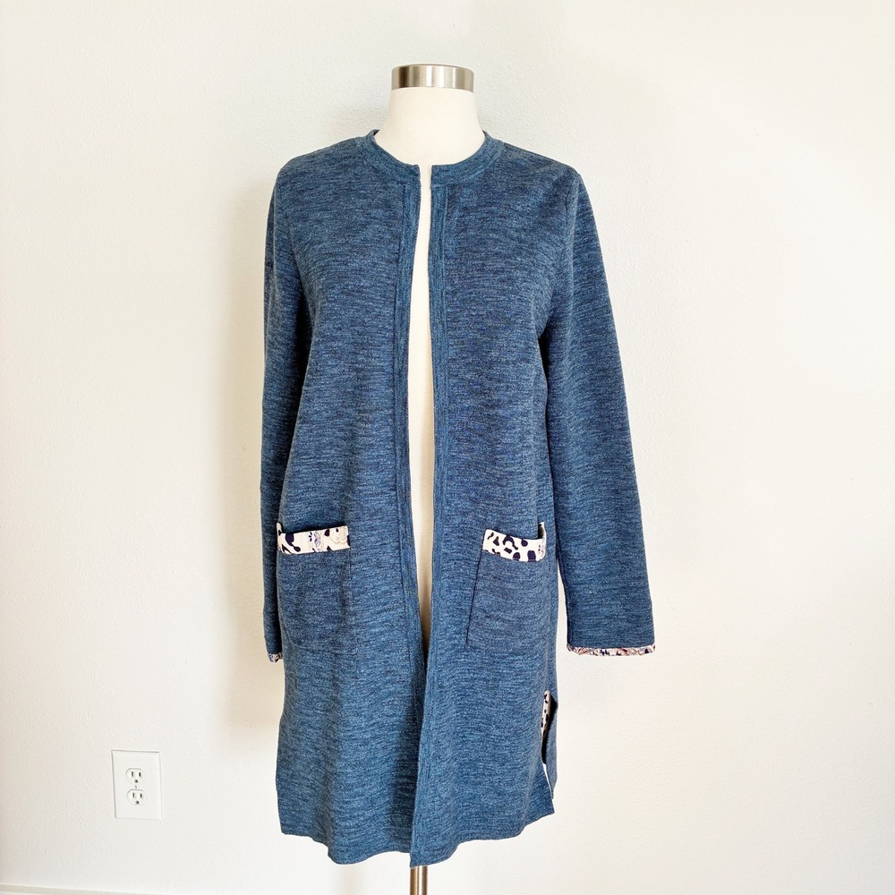 Chico's Cardigan Women Size 1 M Blue Mixed Media Open Front Longline Sweater